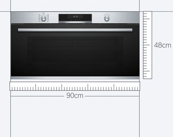 Ein Bosch XL-Backofen mit einem blauen Ma&szlig;band darunter.