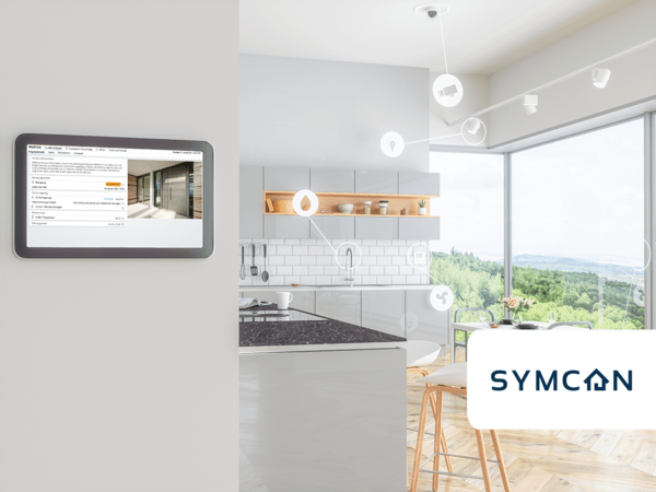 Un appareil montrant les fonctions pour une maison intelligente de l'appli Symcon dans une cuisine.