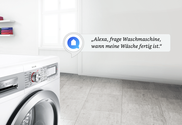 Bosch Waschmaschine mit Home Connect und Amazon Alexa Befehl zur Nachfrage, bis wann die Wäsche fertig ist.