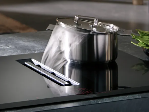 Stainless steel pot on a glass stovetop, steam rising, with a plant in the background.