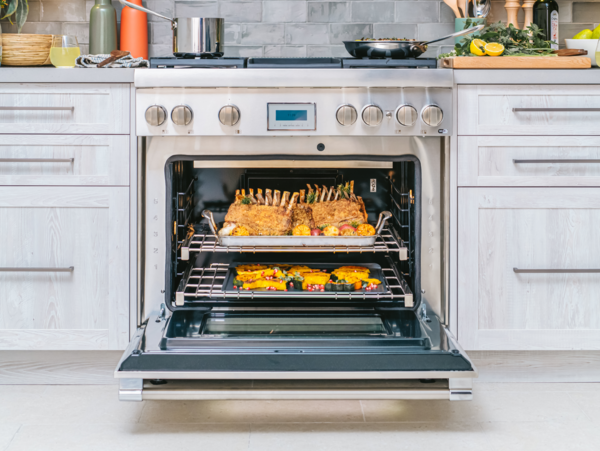 36-inch gas range with oven open baking food
