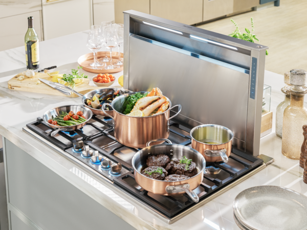 Thermador downdraft ventilation cooking food with Thermador cooktop