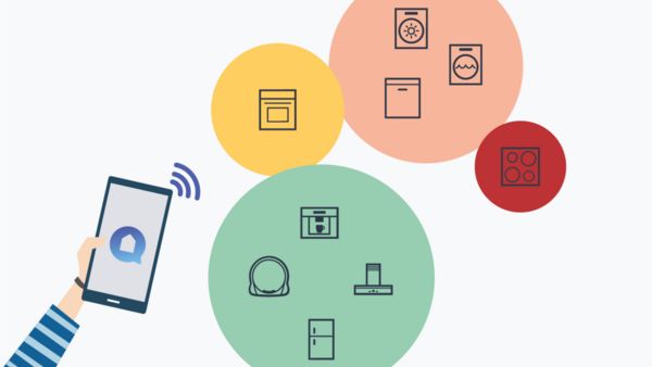 A collection of colourful circles with different sets of appliance icons inside next to a hand holding a phone