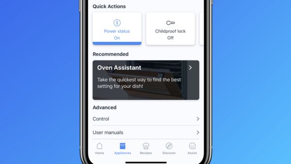 Home Connect app screen on bright blue background