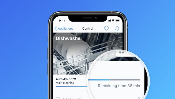 An app screen on a blue background, the screen shows smart dishwasher interface.