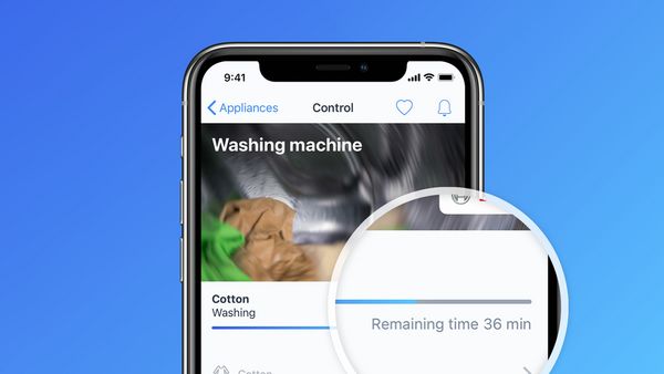 An app screen on a smartphone featuring a smart washing machine interface.