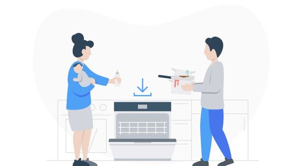 An illustration depicting a family in a kitchen next to a dishwasher.