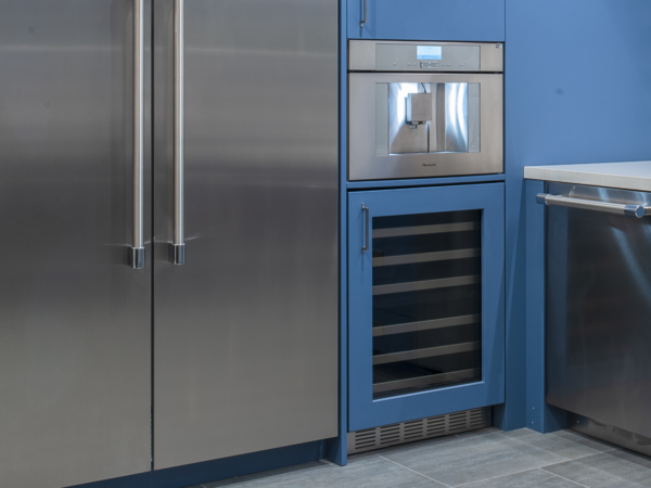 Under counter wine fridge reserve in blue custom panel