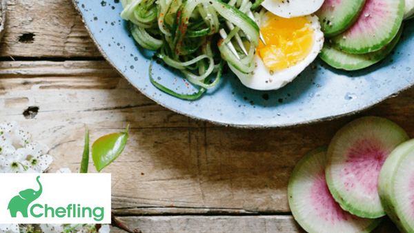 A tasty-looking salad with various greens; Chefling logo superimposed over a bottom left corner of a picture.