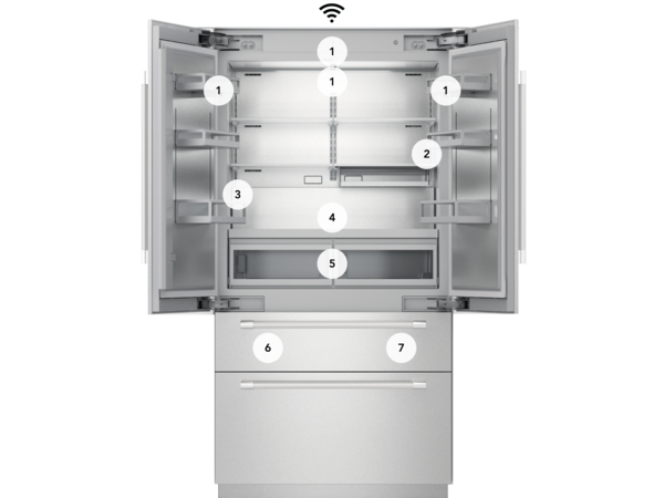Réfrigération 42 pouces avec congélateur dans le bas et réfrigérateur à porte française Thermador avec portes ouvertes