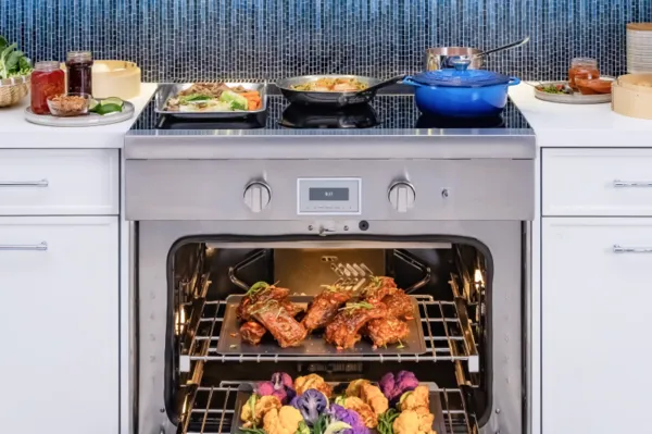 36-inch thermador induction range frontal shot with open ovven