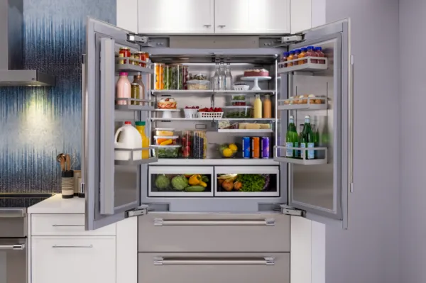 All new bottom freezer refrigerator with open doors