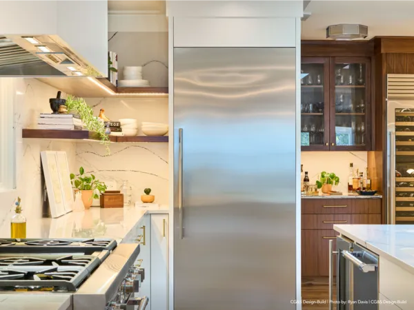 36-inch refrigeration wide shot with wood cabinets