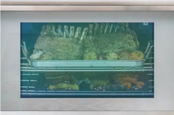 Oven glass door see through lamb rack roast