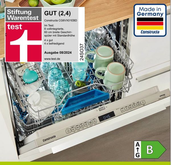 Geöffneter Constructa Geschirrspüler mit Geschirr, zeigt Testbewertung und Energielabel.