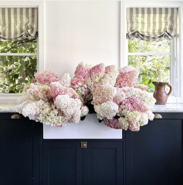white Sink with hydrangea and striped window coverings