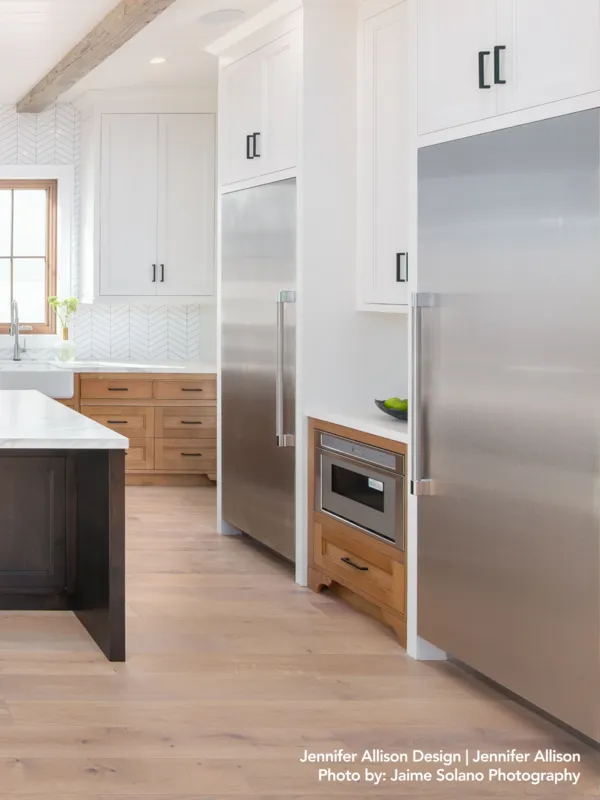 36-inch refrigeration wide shot with wood cabinets