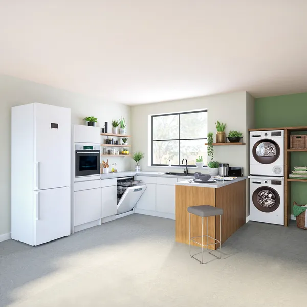 Kitchen appliances from Bosch in a light, small kitchen design.