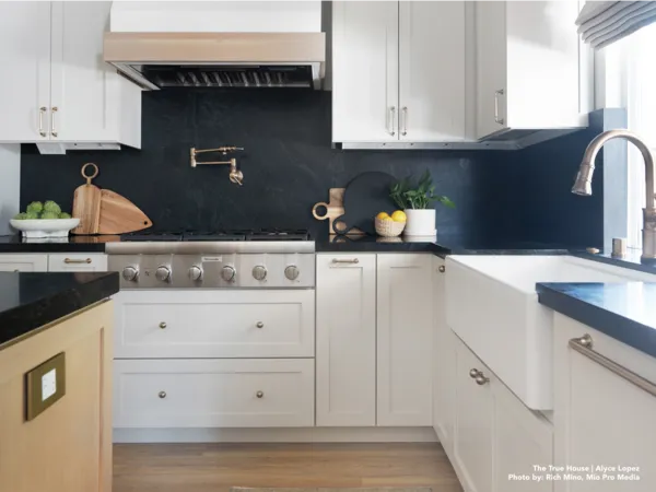 Thermador dark navy slate blackspash white kitchen