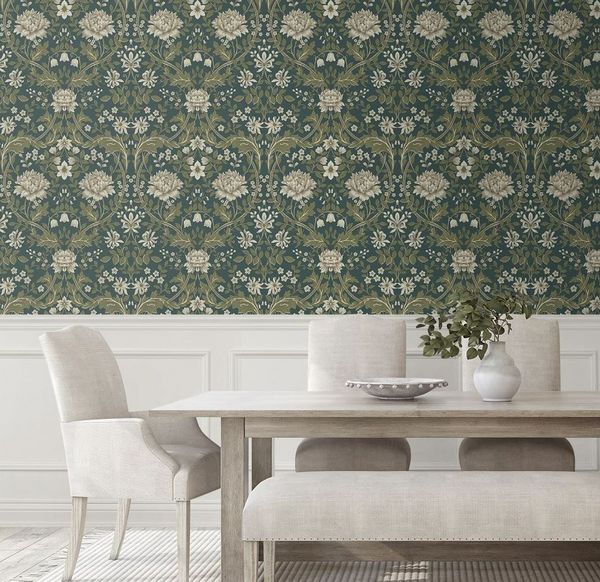 green patterned paper above white wainscotting wall