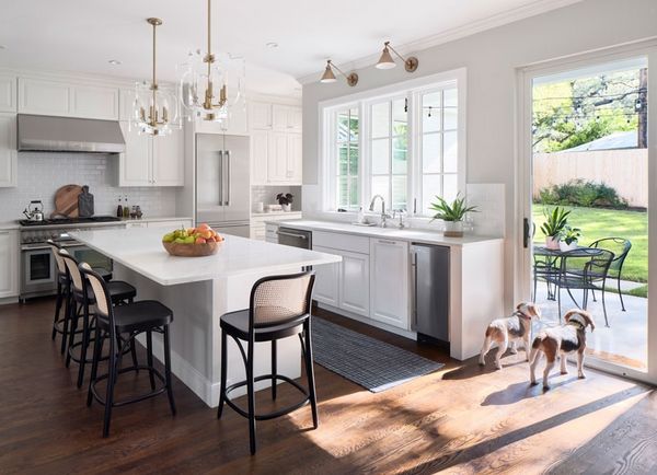 white kitchen with Thermador appliances and 2 dogs by door