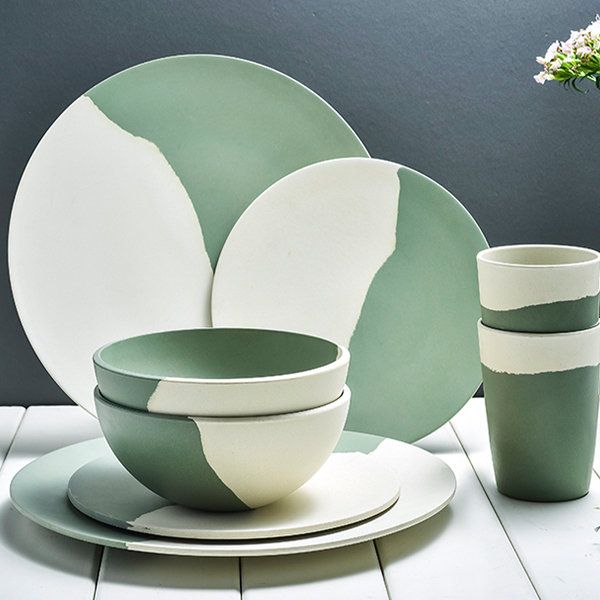 Bamboo green and white dinnerware