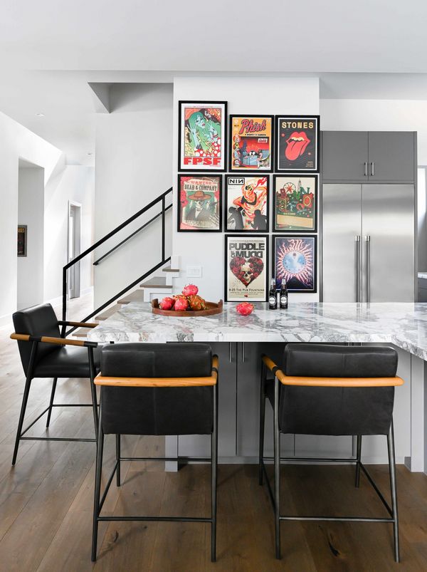kitchen with colourful art and white walls-photo permission confirmed