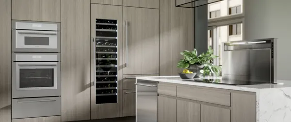 thermador smart refrigerators wifi wine column wall oven masterpiece collection in light oak kitchen