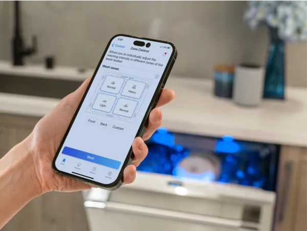 thermador smart dishwashers wifi dishwashers woman holding phone near dishwasher