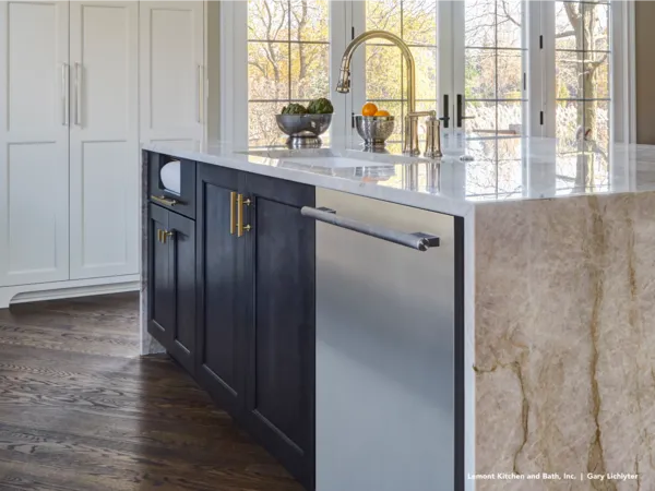 Thermador stainless steel dishwasher in navy blue kitchen