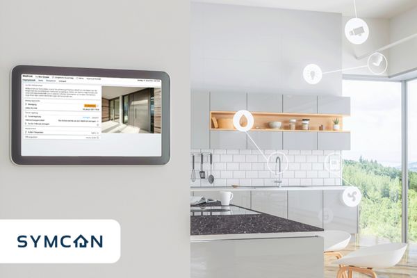 Device showing the smart home functions of the Symcon app within a kitchen.