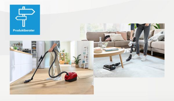 Schildsymbol und  Staubsaugerbild mit und ohne Kabel stehen f&uuml;r den Staubsauger Produktberater