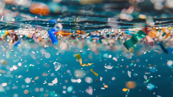 Viele winzige, farbige Mikroplastikpartikel schweben im Wasser.