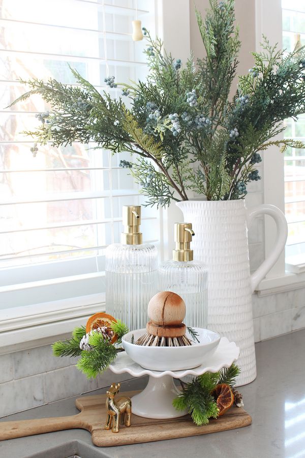 Cleaning items by the sink with greenery