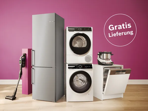 Bosch Hausgeräte vor pinker Wand, darunter Kühlschrank, Waschmaschinen & Trocknersatz, Geschirrspüler, Cookit & Staubsauger, daneben Kreis mit Text 'Gratis Lieferung'.