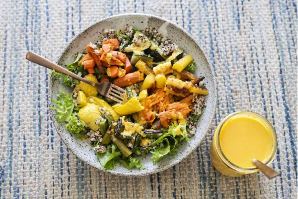 Healthy Quinoa and Roasted Vegetable Bowls with Carrot Ginger Dressing