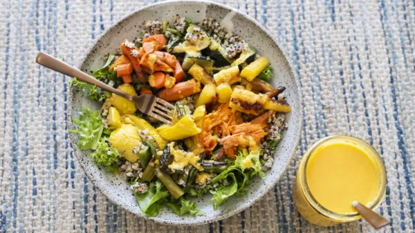 Healthy Quinoa and Roasted Vegetable Bowls with Carrot Ginger Dressing
