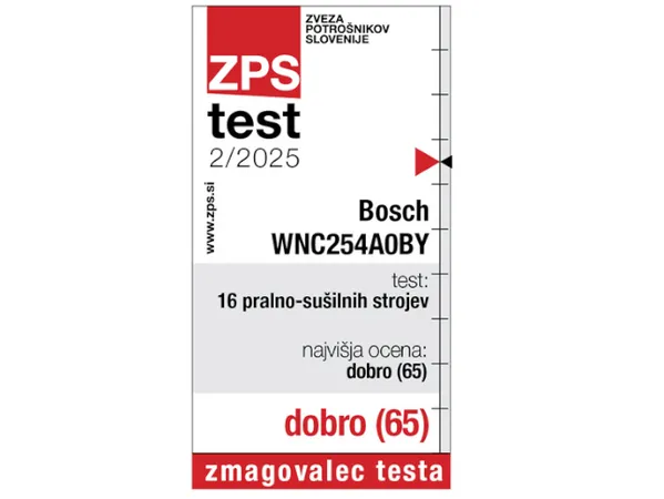 Slika nalepke za testiranje izdelka Bosch WNC254AOBY z oceno „dobro“, ki jo je izdalo združenje potrošnikov v Sloveniji.