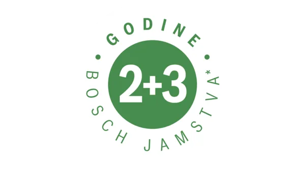Kružni logotip s tekstom "2+3 Godine Bosch Jamstva", koji ističe ponudu jamstva u zelenim tonovima.