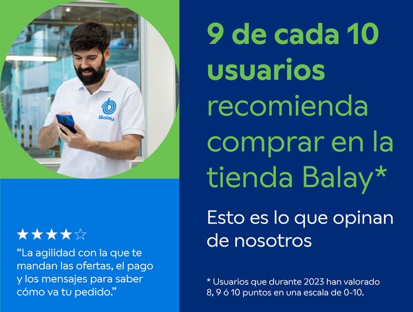 Gráfico promocional sobre satisfacción del cliente en Balay, con texto "9 de cada 10 usuarios recomienda comprar en la tienda Balay"