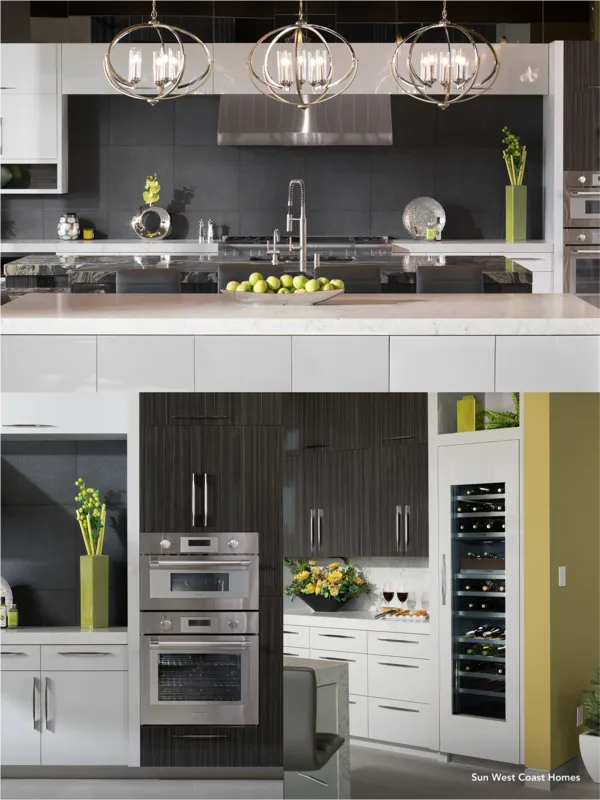 dark brown modern kitchen range wall oven wine column