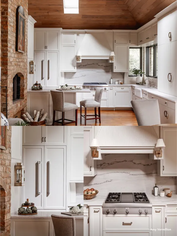 dark brown moder kitchen white wood and brick kitchen rangetop cusom panel refrigerator