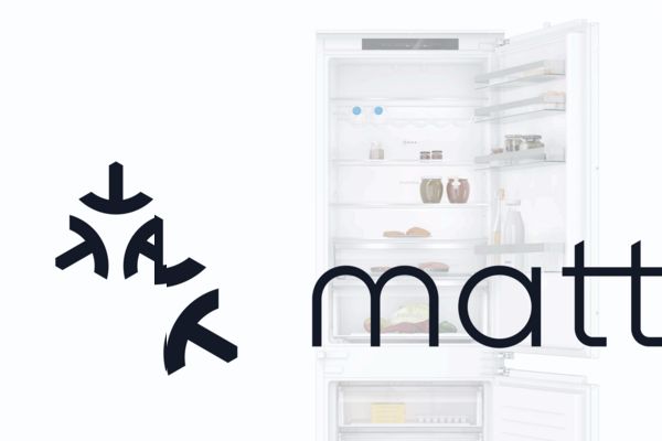 A Bosch dishwasher with an open door, showcasing its interior, next to the Matter logo.