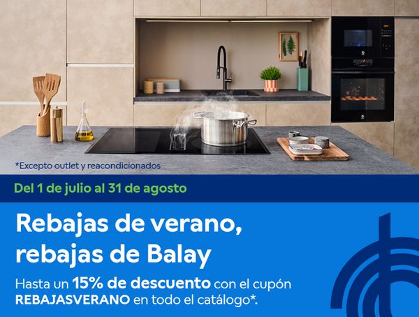 Composición con imagen de spot con texto "Rebajas de verano, rebajas de Balay" anunciando hasta 15% de descuento en todo el catálogo con el cupón REBAJASVERANO.