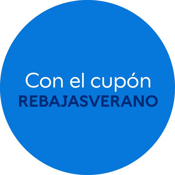 Círculo azul con texto blando anunciando cupón REBAJASVERANO