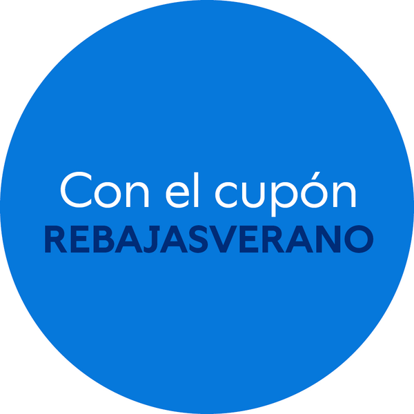 Círculo azul con texto blando anunciando cupón REBAJASVERANO
