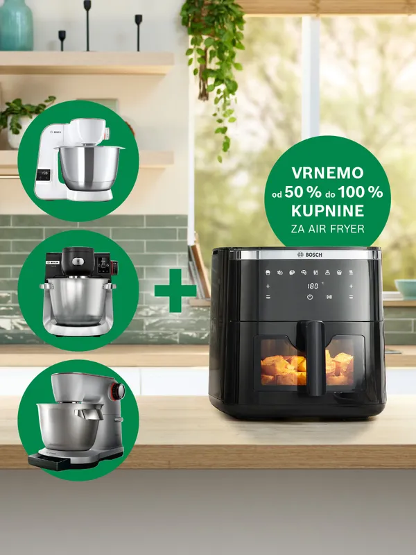 Promocija Bosch airfryerja z vidnim izdelkom in logotipom znamke.