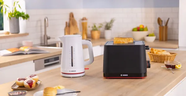Kettle and toaster on a kitchen countertop