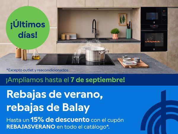 Composición con imagen de spot con texto "Rebajas de verano, rebajas de Balay" anunciando hasta 15% de descuento en todo el catálogo con el cupón REBAJASVERANO.