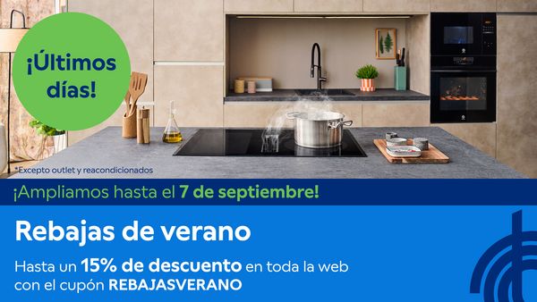 Composición con imagen de spot anunciando rebajas hasta 15% de descuento en todo el catálogo con el cupón REBAJASVERANO.